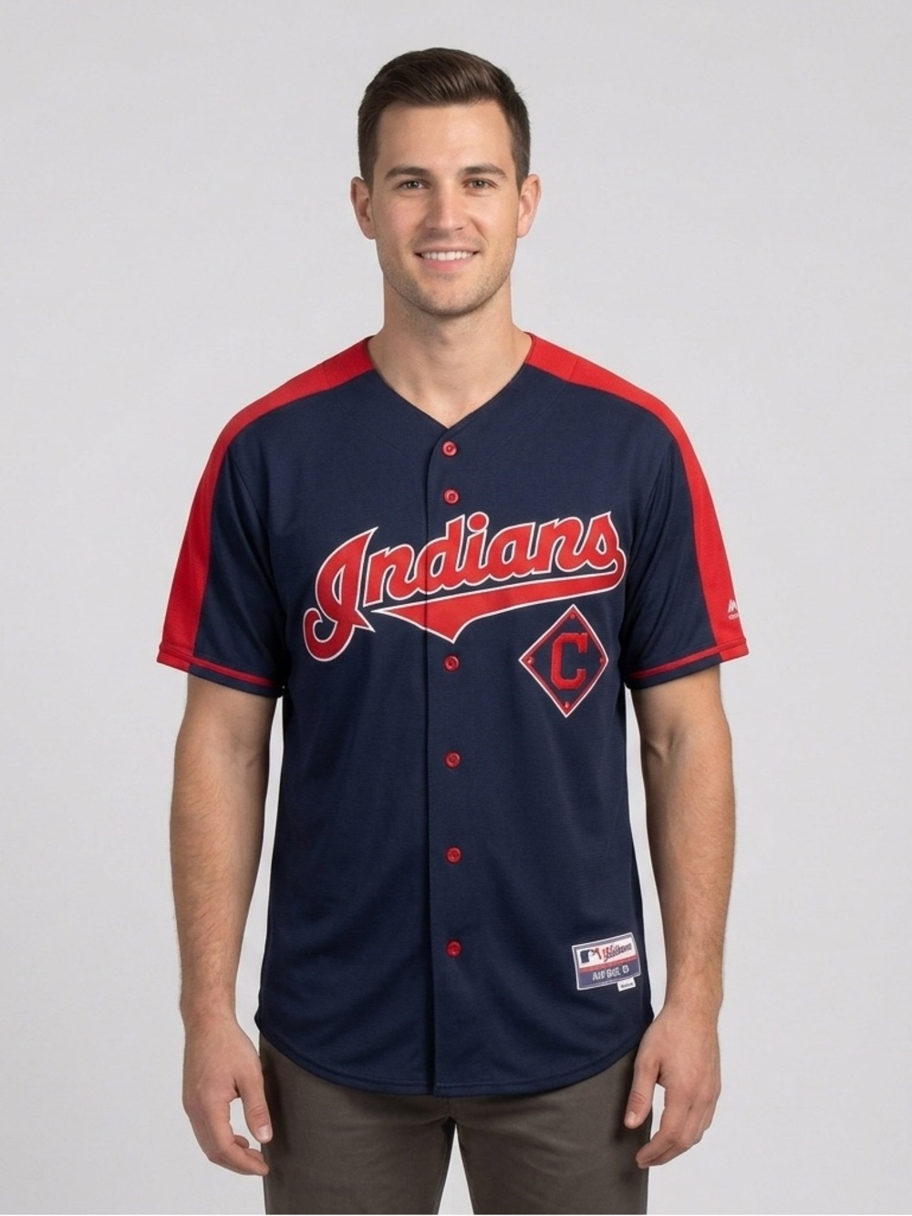 Vintage Cleveland Indians Jersey True Fan MLB Button Up Large Navy Retro Sporty